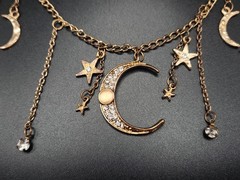 #0243 – Moon & Stars Charm Necklace Antique Gold Tone Rhinestone Celestial…