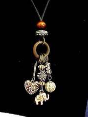 Vtg Tribal Boho Carved Wood Heart Elephant Fetish Silver Beads Necklace 32″