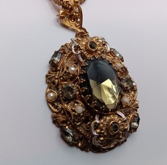 Vtg Western Germany Necklace Smoky Art Glass Faux Pearl Rhinestone Ornate 24″