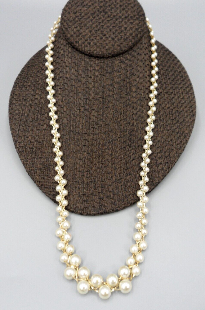 Vintage Faux Pearl Necklace Graduated Glass Braided Chain Spring Ring 80s Glam
