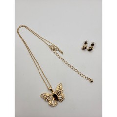 Garnet Butterfly Pendant Necklace Stud Earrings Set Goldtone Crystal Rhinestones