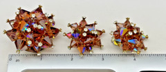Vtg Smoky Quartz Amber AB Rhinestone 3D Pyramid MCM Geometric Brooch Earring Set
