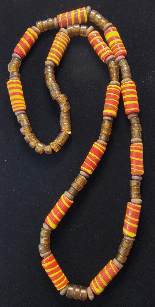 Vtg Wood Spacer Glass Trade Beads Brown Red Yellow Necklace Roughly 33″ Long