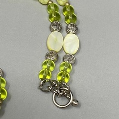 Dainty Glass Station Necklace Lime Green Druk Bead MOP Frosted Acrylic Faceted