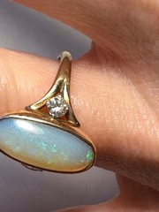 Australian Opal Ring (A), 2 Small Diamonds Each Side. 10K Gold, Antique, Sz.6.25