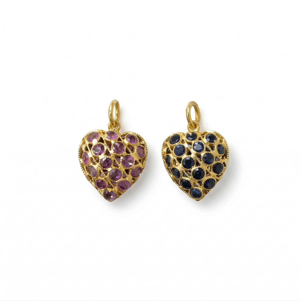Vintage 14K Gold Heart reversible handmade Pendant with Ruby and Sapphire