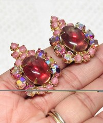 Vtg JULIANA Pink Cabochon Glass Rhinestones Earrings Flower Brooch Pin Set As Is