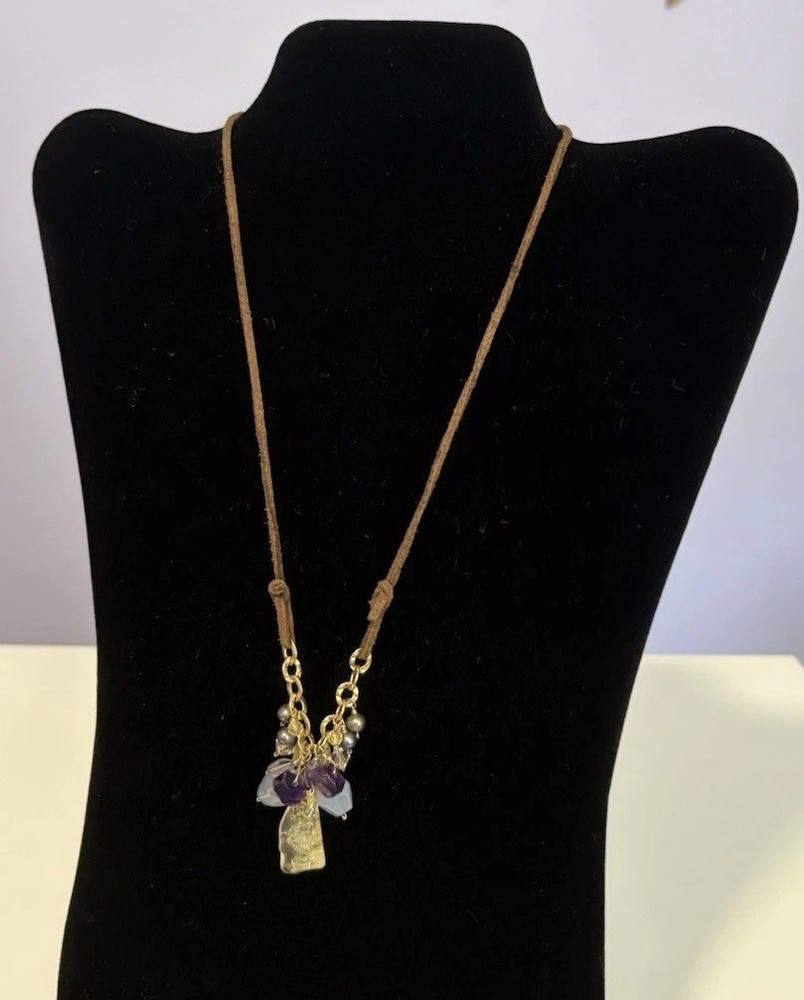Artisan Pendant Necklace Gemstone Amethyst Quartz Pearl Cluster Leather Cord 16″