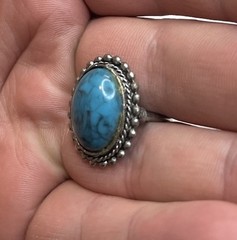 Vintage Oval Stone Turquoise Silver Tone Adjustable Size Engraved Ring 1” +