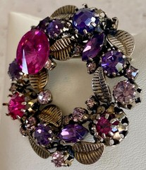 Vintage Austria Crystal Brooch Round Wreath Pink Purple Gold Tone Leaves