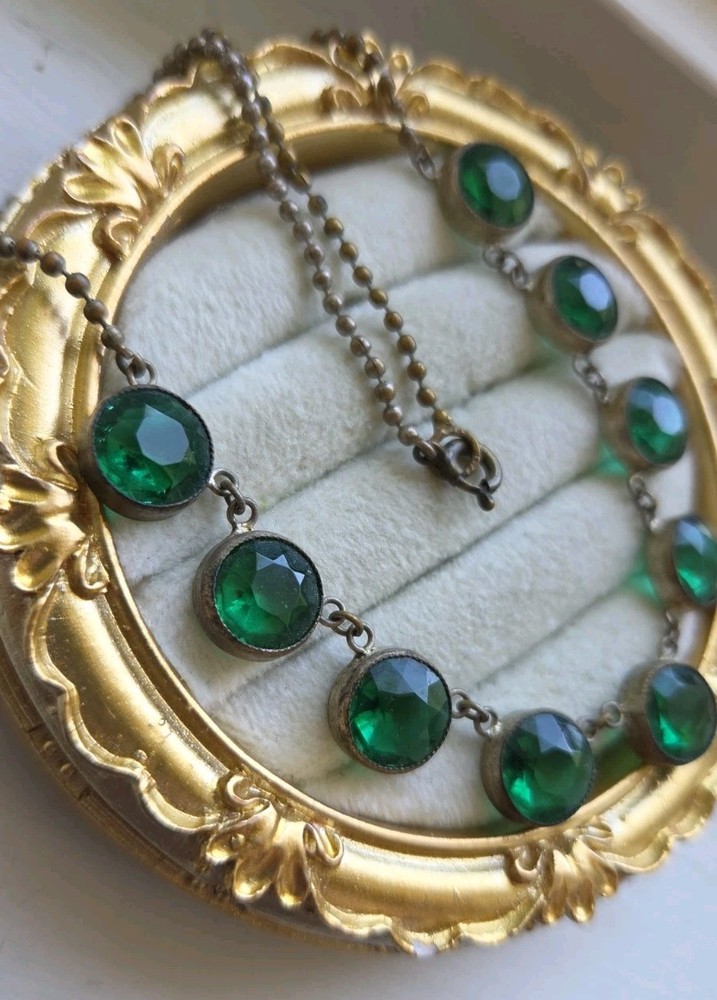 Vintage Czechoslovakian Emerald Green Bezel Crystal Riviere Necklace