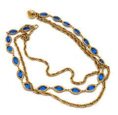 Vintage Multistrand Rope Chain Necklace Cobalt Blue Glass Gold Tone Statement