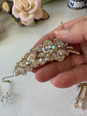 Vintage JULIANA D&E Clear AB Bead Gold Tone Cha Cha Leaf Pin Brooch + 2 Earrings