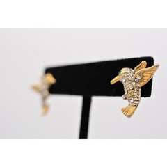 Vintage Hummingbird Earrings Stud Rhinestone Crystal Pave Gold Tone 1990s BinAZ