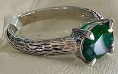 Green Faux Emerald Oval Cut Ring Textured Silver Tone Cocktail Size 9