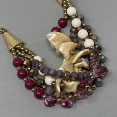 Chunky Statement Layered Necklace Mauve Purple Glass Shell Acrylic Gold Tone 21″