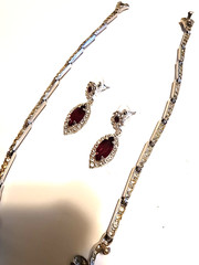 SET OF 2: Vintage Red & Clear Rhinestone Necklace w/NEW Marquis Red Earrings
