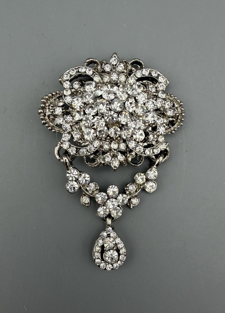 VINTAGE 1940s Eisenberg Ice Silver Tone & Brilliant Rhinestone Teardrop Brooch