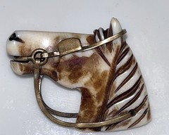 Vintage Horse Head Equestrian Pendant Carved Mother Of Pearl/Ivory/Elk Ant Brass
