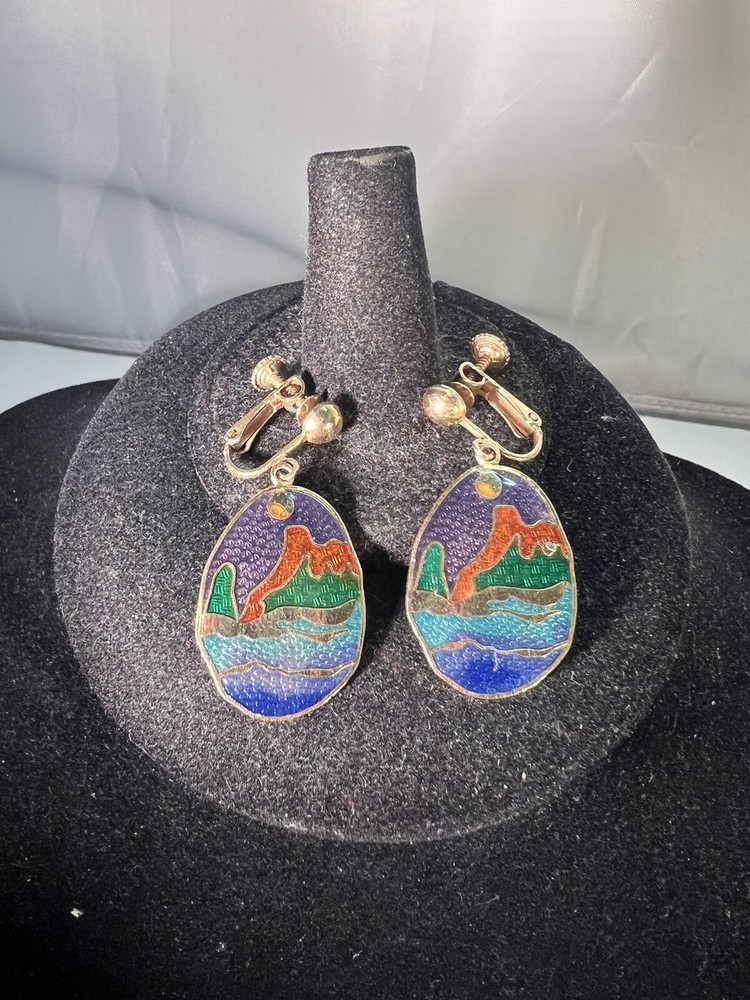 Mountain Sun Water Enamel Cloisonne Dangle Gold Tone Clip Tension Earrings