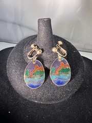 Mountain Sun Water Enamel Cloisonne Dangle Gold Tone Clip Tension Earrings
