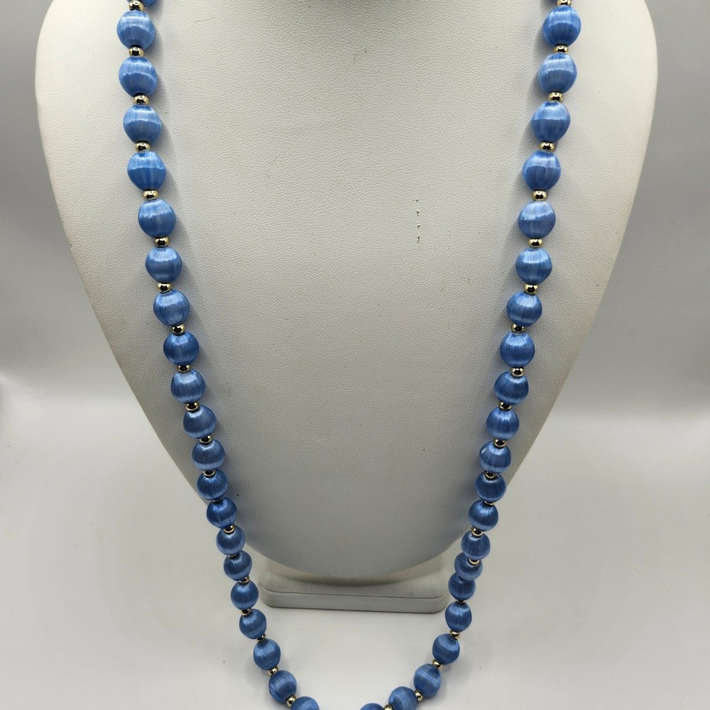 Vintage Blue Satin Silk Thread Wrapped Bead Necklace Gold Tone Spacers Korea NOS