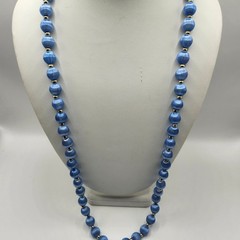 Vintage Blue Satin Silk Thread Wrapped Bead Necklace Gold Tone Spacers Korea NOS