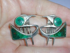 RARE-GRAZIELA LAFFI PERU STERLING ABSTRACT BIRD GREEN ENAMEL CLIP-ON EARRINGS!
