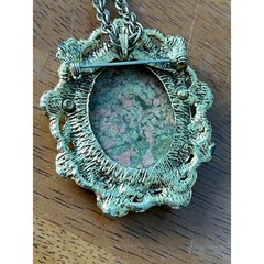 VTG Unakite Jasper Cabochon 2 in 1 Pendant Brooch Necklace Gold Tone Victorian