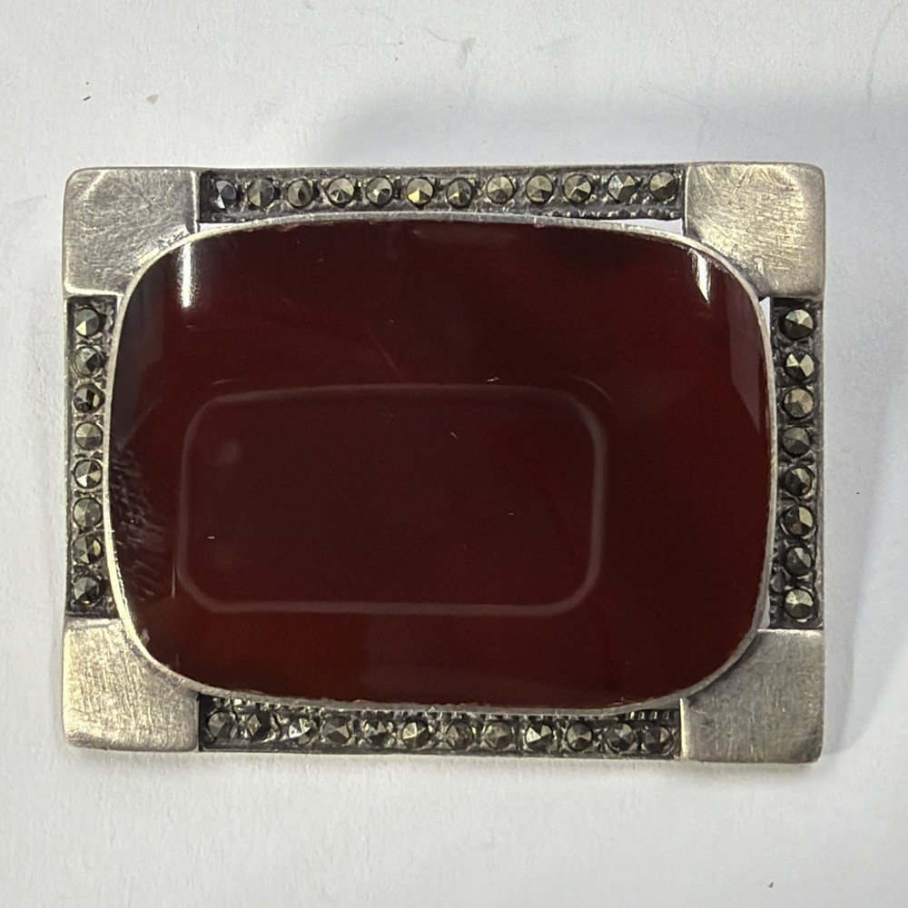 Vintage 925 Sterling Silver Square Dark Red Carnelian Stone Brooch Pin 20.8Gr