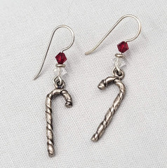Vintage Christmas Candy Cane Pierced Earrings Silver tone Dangle Crystal 1.25″