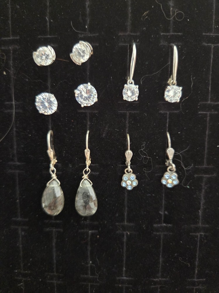 Vintage Sterling Silver Earrings Lot Of 5 Pairs CZ Crystal Dangles Studs .925