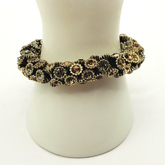 Amber & Clear Crystal Rhinestone Evening Wear Chunky Stretch Bracelet Gold Tone