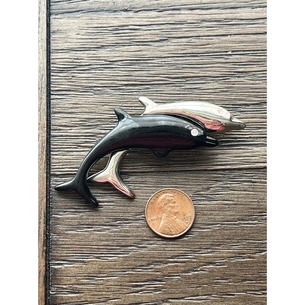 Vintage Liz Claiborne Dolphin Pin Brooch silver & black with rhinestone eyes