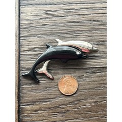 Vintage Liz Claiborne Dolphin Pin Brooch silver & black with rhinestone eyes