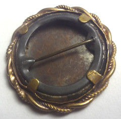 c1890’s ANTIQUE MOURNING PIN with CLASSIC CELLULOID PHOTO in ORNATE BRASS & GOLD