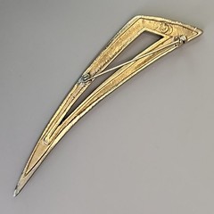 Vintage Modernist Brooch Mid Century Orange Enamel Gold Tone Long 4.25″