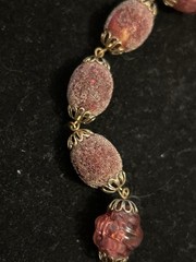 VTG Burgundy Glass Bead Necklace: Frit Sugared, Molded, Open Work Metal 26 In