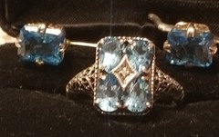 Art Deco Antique Blue Topaz Diamond Accent Ring & Earrings Set,Size 10, 925 &CNA