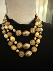 Japan Choker Necklace w/ Faux Pearl Crackled Lucite Gold Tan Yellow