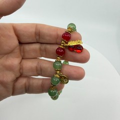 Green Jade & Red Bead Bracelet Gold Tone Peanut Charm Lucky Boho Stacking Gift