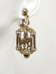 Pair Vintage Gold Tone Dangle Screw-Back Bird Cage Earrings