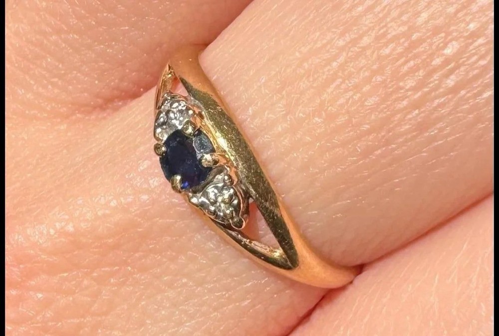 Vintage Style 14K Yellow Gold Finish Ring Lab Created Diamond & Blue Sapphire