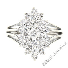 Vintage 14K White Gold 1.35ct Prong Diamond Marquise Navette Tiered Cluster Ring