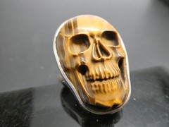 Vintage Tiger’s Eye Gemstone Carved SKULL Sterling Silver 925 RING Size 8.5