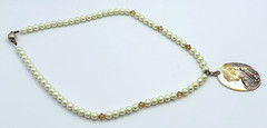 Faux Pearls & Pink Rhinestones Necklace With Carved Mother of Pearl Cameo VTG