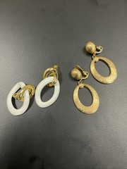 Vintage MONET Clip On Set Gold Tone & White Enamel/ Gold Texture Dangle Hoops