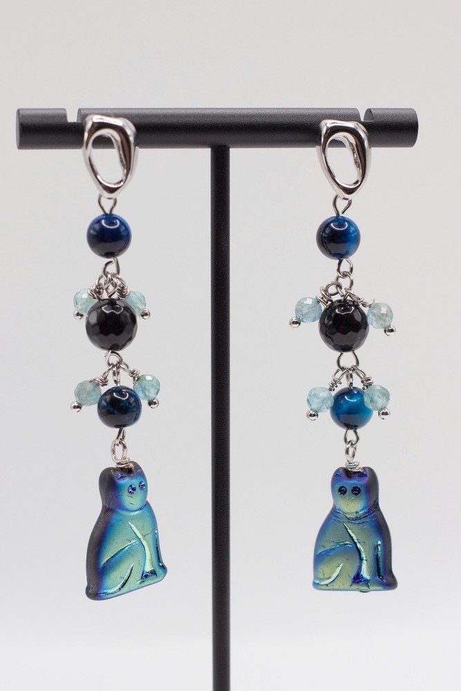 2.9″ Long Black Blue Agate Fluorite Cat Dangle Earrings