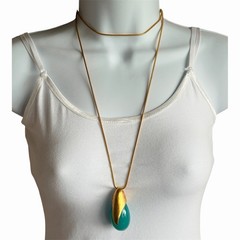 VTG Givenchy Necklace Aventurine Pendant 1980s Runway Gold-Tone Long Snake Chain