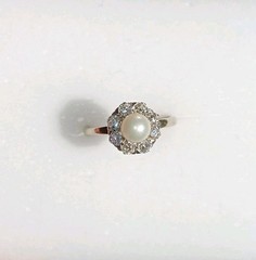 Vintage 14k White Gold White Pearl Diamond Halo Art Deco Edwardian Ring Size 6.5